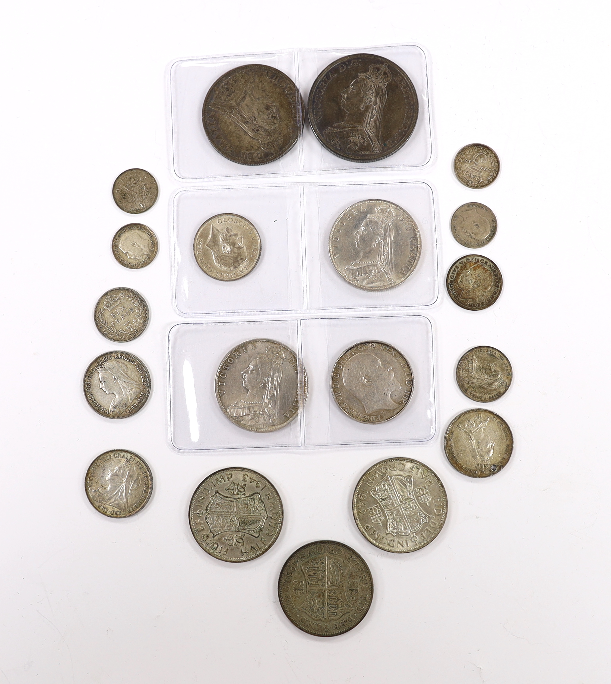 British Mixed silver coins including 1915 shilling GEF, Victoria crown 1887 and double florin etc.